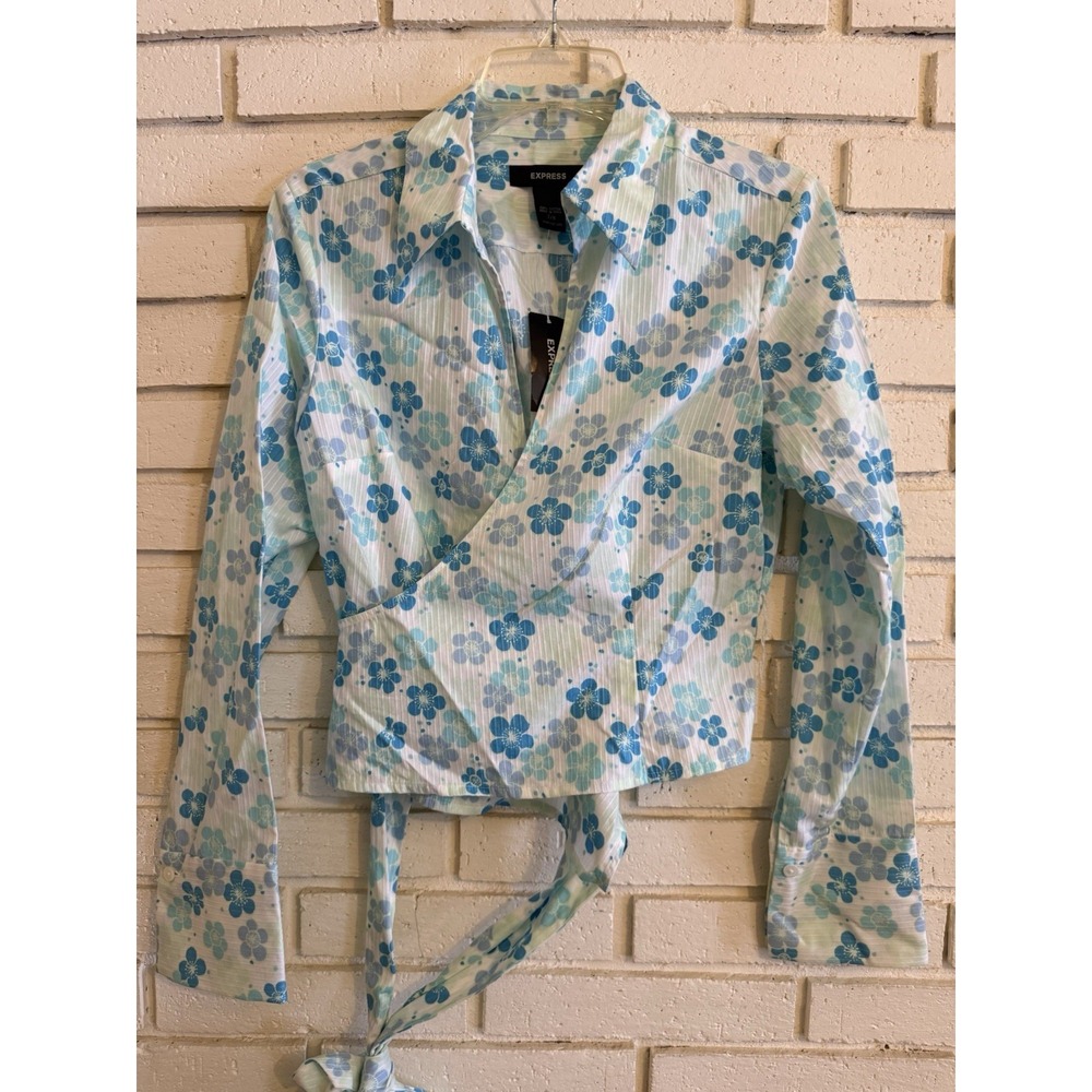 Express Floral Wrap Top Womens Size 7/8 Blue White Long Sleeve Tie Blouse NEW
